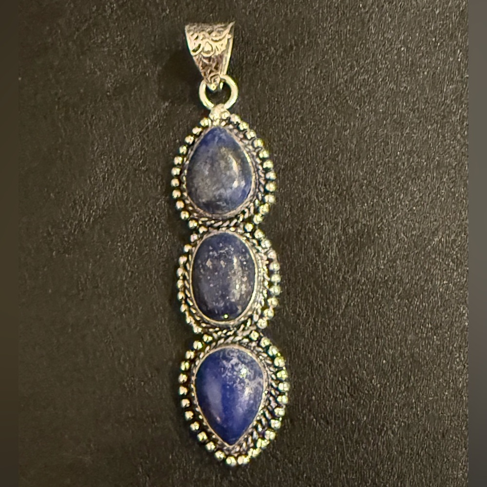 Vintage Southwestern Triple Lapis Lazuli Stone Sterling Silver Deep Blue Pendant